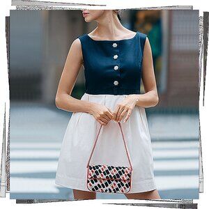 NWT: Blue & White Retro Audrey Hepburn Sleeveless Boat-Neck Babydoll Dress (XS)